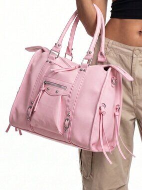 Pink Punk Women's Faux Leather Fringe Rivet Shoulder Tote Bag